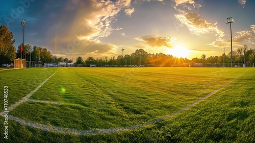 A panoramic view of a soccer field bathed in golden sunlight, capturing the e...