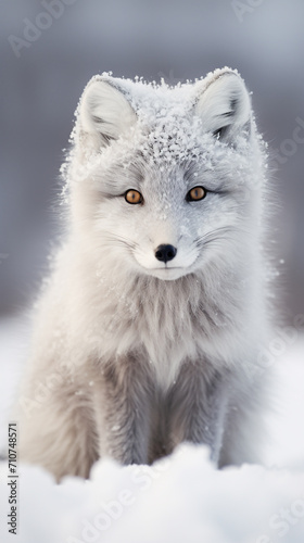 Close-Up of an Arctic fox (Vulpes lagopus) sitting in the snow © Alicia