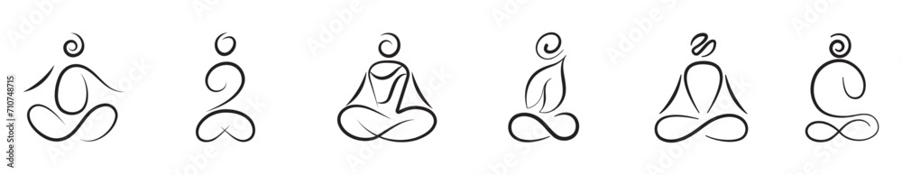 Meditating monk, Yoga pose, Meditation line figure, vector  - obrazy, fototapety, plakaty 