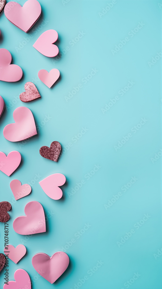Pink hearts on blue background. Valentine's Day card