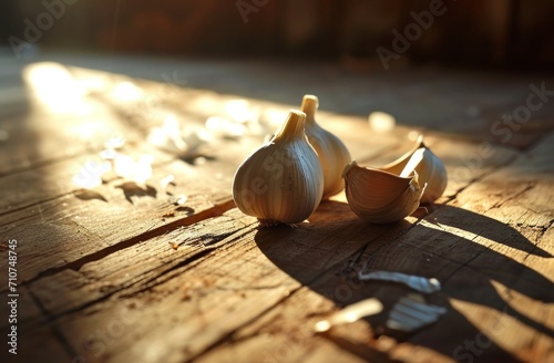 three cloves of garlic close up on the wooden flooring