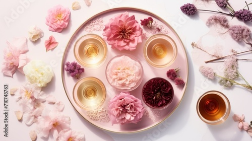 a white plate topped with pink flowers next to a cup of tea and a cup of tea on top of a table.
