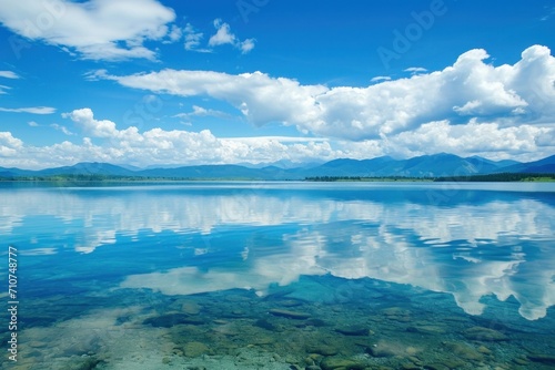 Crystal-clear lake waters mirroring the azure sky, a serene and picturesque summer backdrop © olegganko
