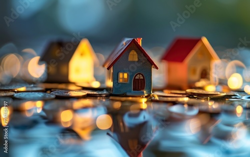 small house models are sitting on pile of Coins and reflection of metallic su...