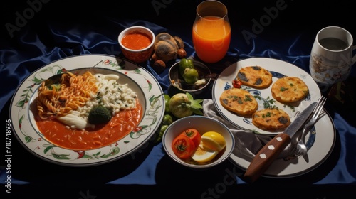  a table topped with plates of food next to a cup of juice and a plate of food on a table.