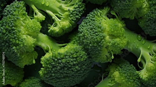  a close up of a bunch of broccoli florets with drops of water on the florets. photo
