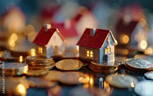 small house models are sitting on pile of Coins and reflection of metallic su...