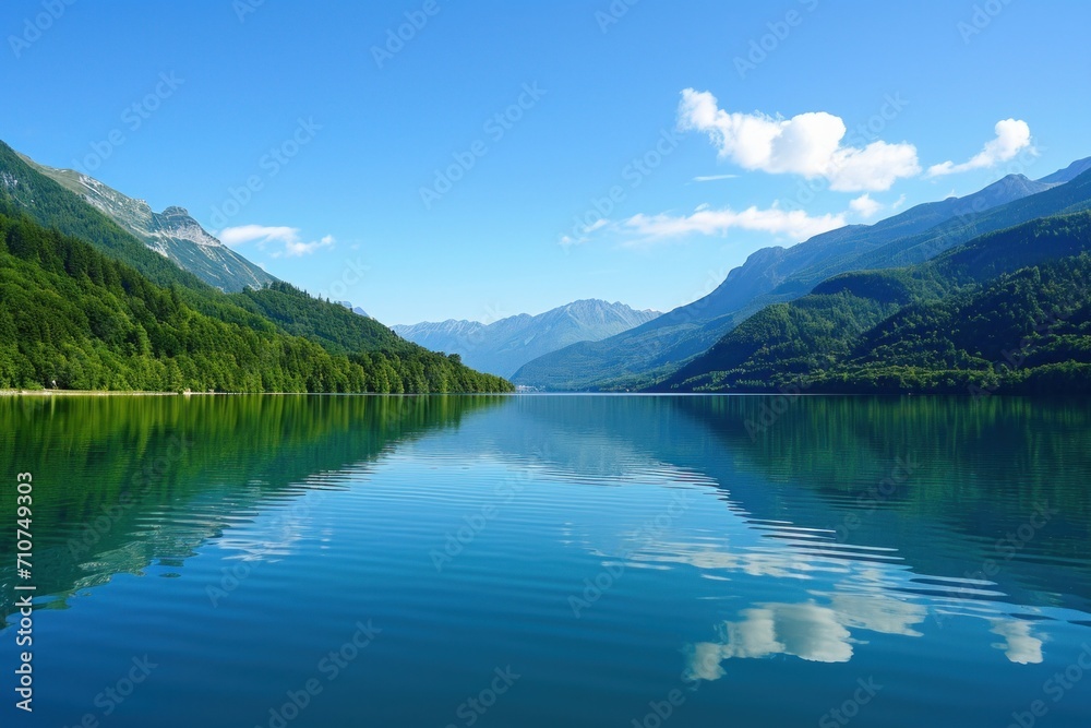 Crystal-clear lake waters mirroring the azure sky, a serene and picturesque summer backdrop