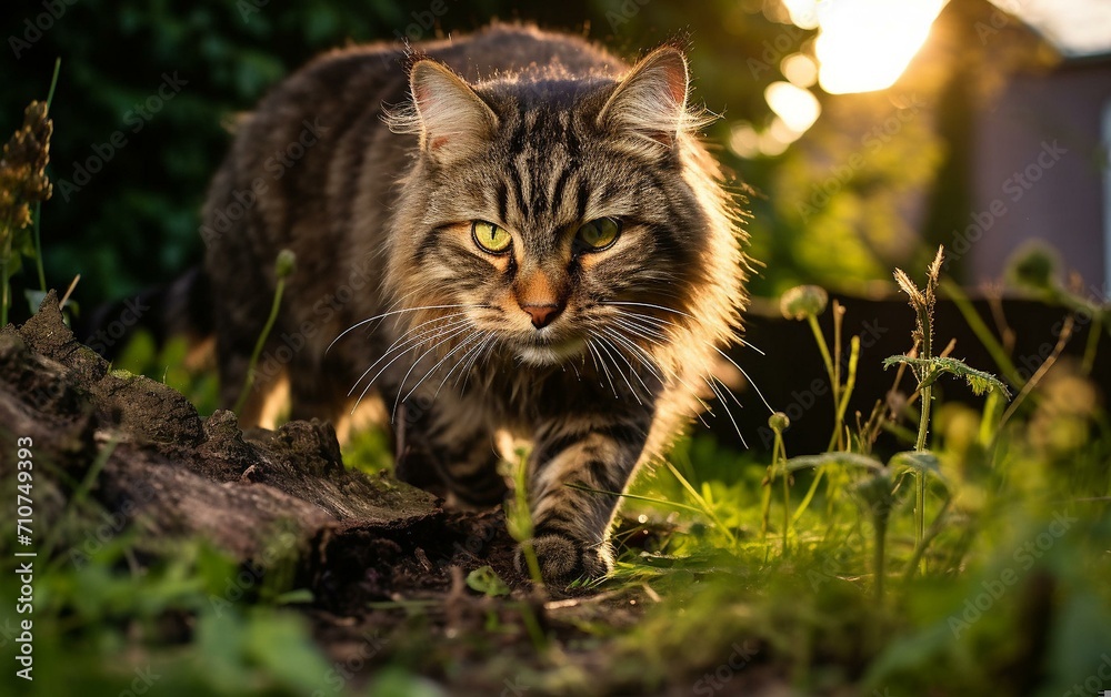 Majestic Cat Stalking Through a Garden at Sunset