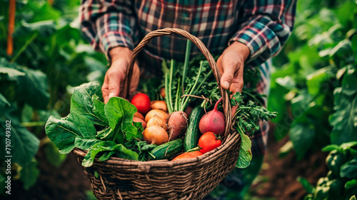 A farmer harvests vegetables in the garden. Selective focus.