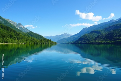 Crystal-clear lake waters mirroring the azure sky, a serene and picturesque summer backdrop