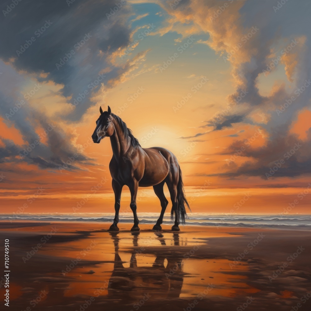 brown horse standing on top of a sandy beach under cloudy blue and orange sky with sunset brown horse standing on top of a sandy beach under cloudy blue and orange sky with sunset