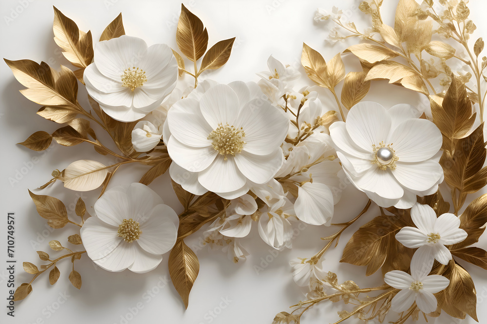 Beautiful assortment of flowers on a light background with space for text. Frame of flowers, buds and branches. Flat lay, top view. Generative AI.