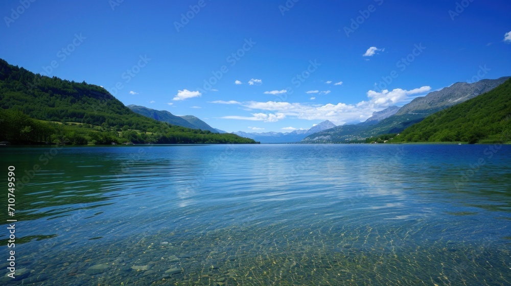Crystal-clear lake waters mirroring the azure sky, a serene and picturesque summer backdrop Crystal-clear lake waters mirroring the azure sky, a serene and picturesque summer backdrop