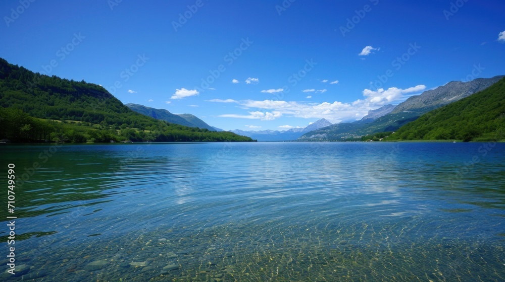 Crystal-clear lake waters mirroring the azure sky, a serene and picturesque summer backdrop