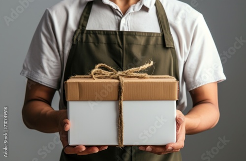 male wearing an apron holding a white box in brown paper