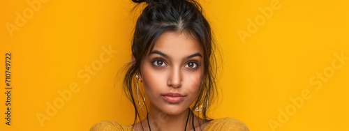 East Indian Female Envious Yellow Backdrop Beautiful Person Generative AI © Johnathan