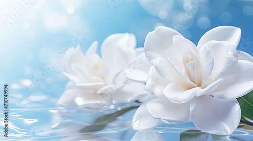 White gardenia blossom on isolated magical bokeh background with copy space for text placement photo