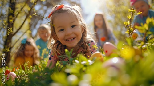 Kids enjoying an Easter egg hunt in a picturesque park, the high-definition camera capturing their delighted expressions as they discover hidden eggs beneath bushes and trees