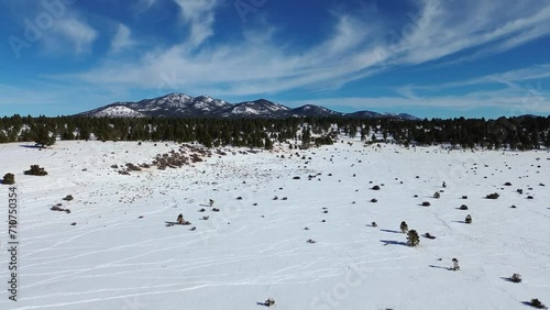 Aerial Video of a snow covered prairie at the base of Kendrick Peak, Pine trees and stunning views, Belmont Arizona, America, USA. photo