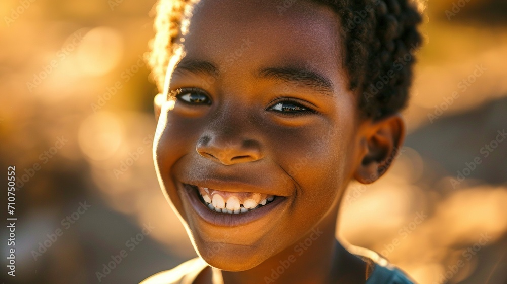 Close view of smiling african american boy, happy expression. Created with Generative Ai technology.