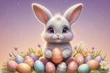 Easter setting with a fluffy rabbit with Easter eggs and spring flowers on bright purple background with copy space.