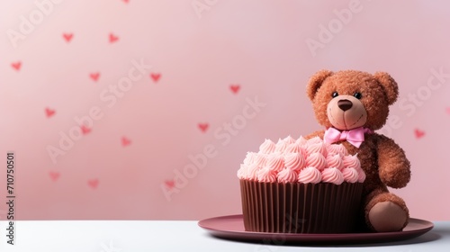  a teddy bear sitting on a plate with a cupcake in the shape of a teddy bear on top of it.