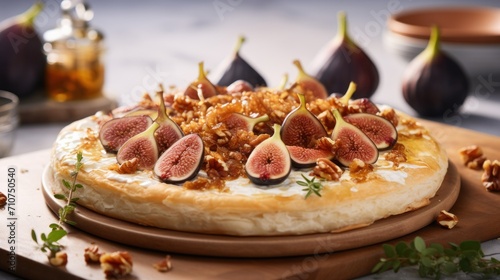  a pizza with figs on top of it on a cutting board next to a bowl of nuts and a glass of wine.