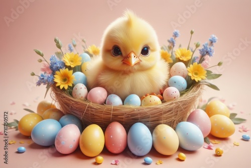 Easter illustration with a chiken baby with Easter colorfull eggs with ornaments and spring flowers on bright background.
