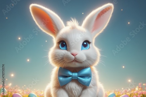 Cute bunny with blue bow tie portrait illustration with Easter egg designs. © Julija AI