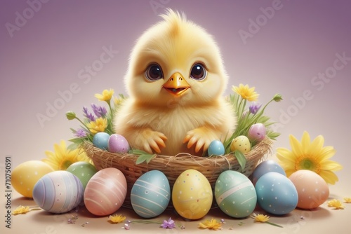 Easter scene with a fluffy chiken baby with Easter colorfull eggs with ornaments and spring flowers on bright purple background.