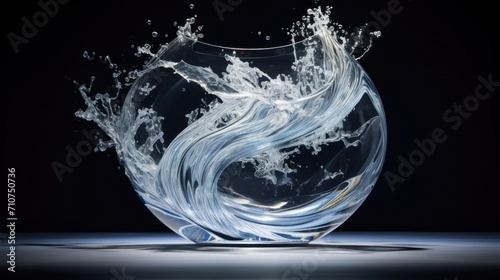  a glass bowl filled with water on top of a blue tablecloth covered floor with water splashing out of the top of the bowl.