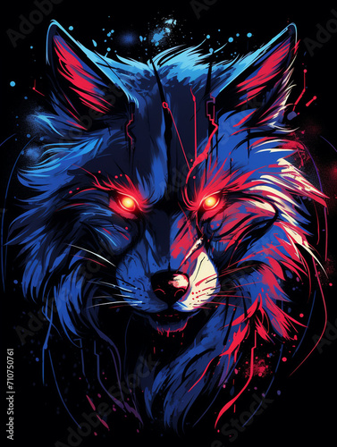 t-shirt design, (wolf) head with streaks and paint on top, in the style of dark red and dark purple created with Generative Ai