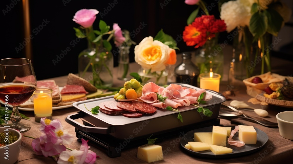  a platter of meats and cheeses on a table with a glass of wine and flowers in the background.