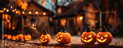 Scary Halloween pumpkins on the ground. Helloween background © Filip
