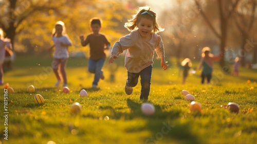 Children participating in an Easter egg roll on a sunlit lawn, the colorful eggs gliding across the grass as the HD camera captures the competitive yet fun-filled moments photo