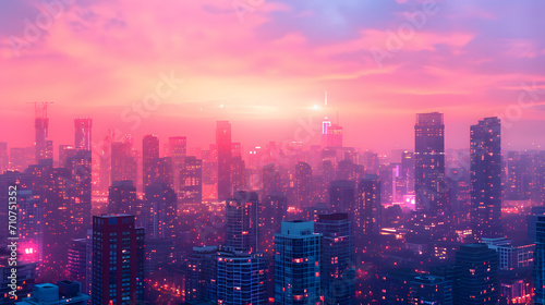 A city skyline, with gradient neon lights and pastel skies, during a dream-like evening, reflecting the Psychic Waves aesthetic of experimentation and wellness © VirtualCreatures
