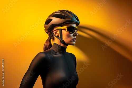 Athletische Frau in einem aerodynamischen Fahrradanzug mit Fahrradhelm und Sportbrille