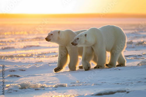 side way two Polar bear walks on snow during sunrise