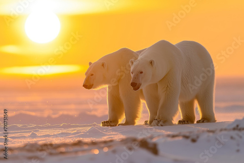 side way two Polar bear walks on snow during sunrise © EmmaStock