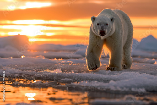 Polar bear walks on snow during sunrise photo