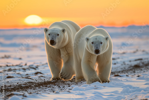 side way two Polar bear walks on snow during sunrise