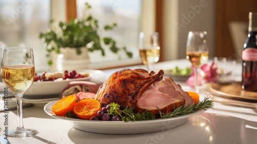  a close up of a plate of food with a glass of wine and a bottle of wine in the background.