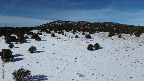 Aerial Video of a snow covered prairie at the base of Kendrick Peak, Pine trees and stunning views, Belmont Arizona, America, USA. photo