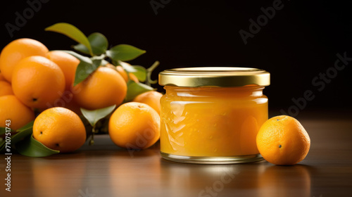  a jar of orange marmalade next to a pile of tangerines on a table with a branch of oranges in the background.