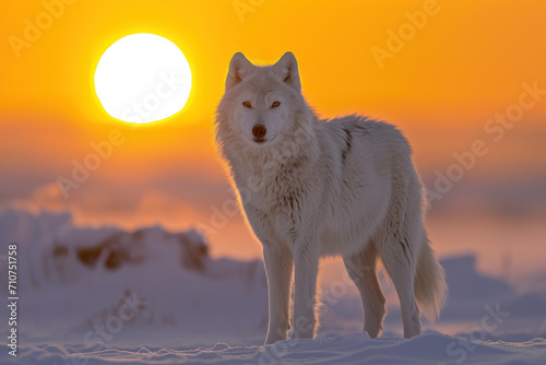 Arctic wolf on the snow with sunrise