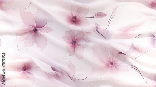  a close up of a white and pink flowered fabric with pink flowers and leaves on a light pink background. photo