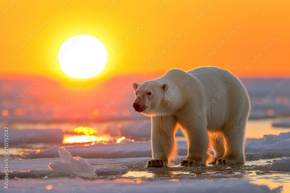 side way Polar bear walks on snow during sunrise side way Polar bear walks on snow during sunrise