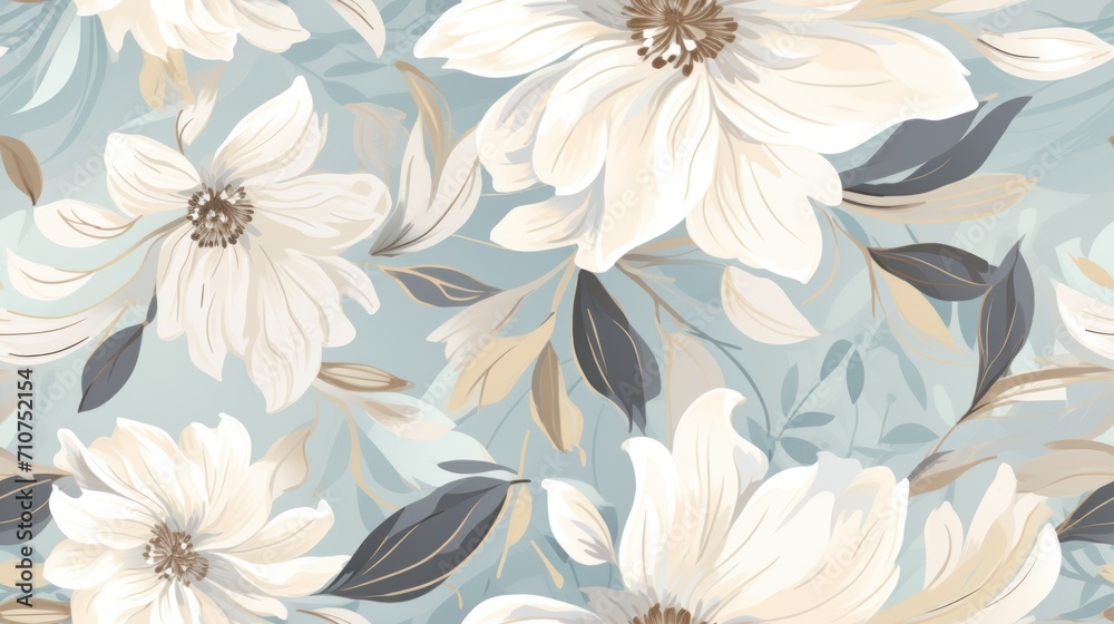  a blue and white floral wallpaper with leaves and flowers on a light blue background with a brown center piece.