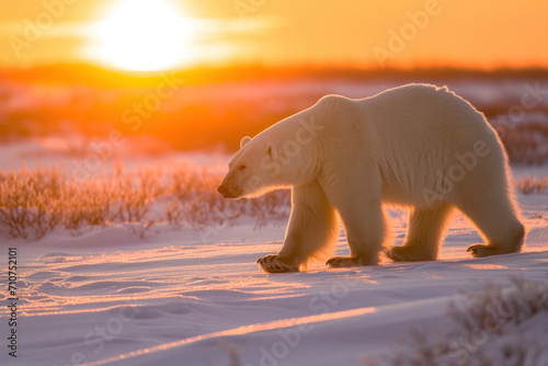 side way Polar bear walks on snow during sunrise